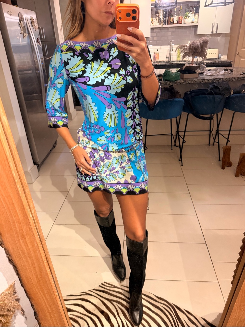 Paisley 90s Floral Blue & Purple Boatneck Mini Dress